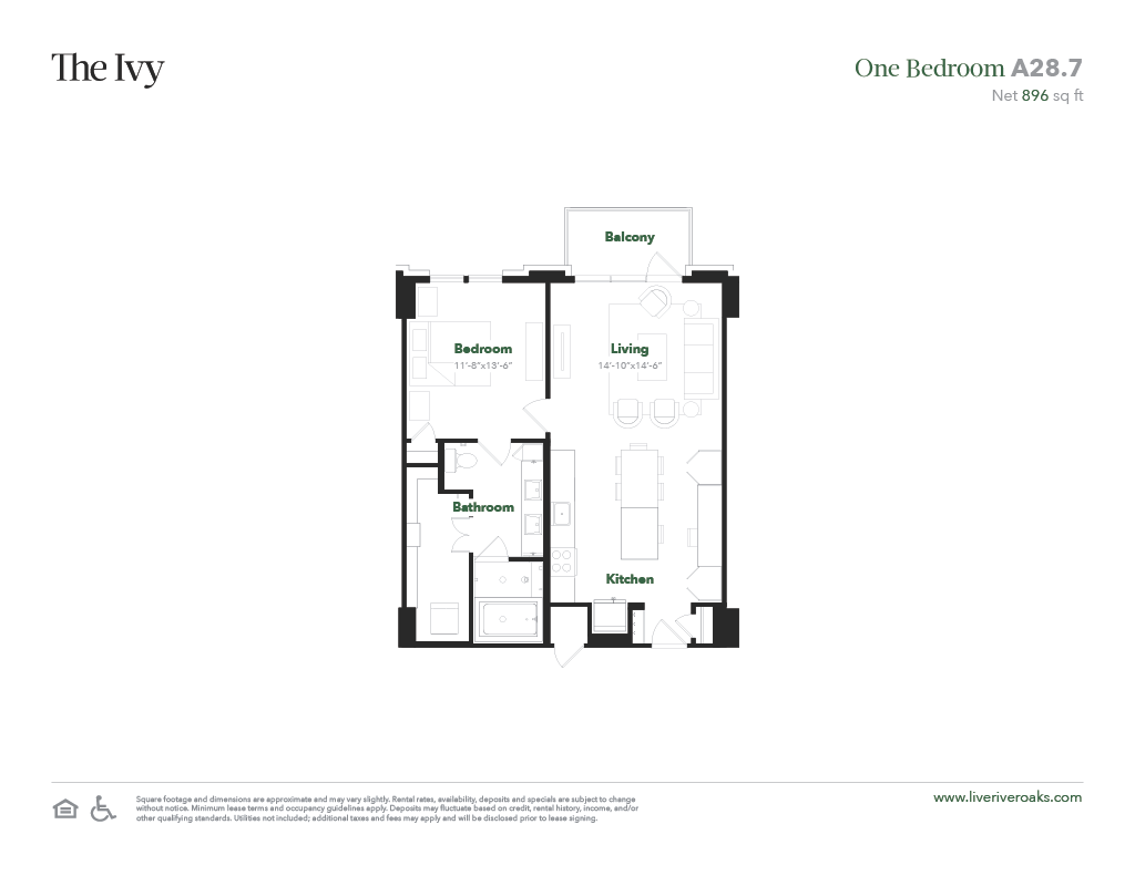 Floor plan for 1 bed, 1 bath, 896 sqft